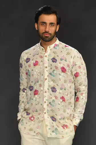 Linen Printed And Machine Embroidered Short Kurta With Slim Pant