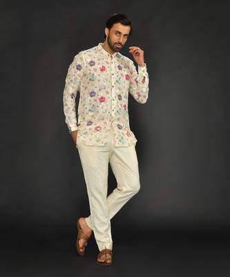 Linen Printed And Machine Embroidered Short Kurta With Slim Pant 4