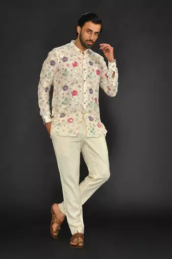 Linen Printed And Machine Embroidered Short Kurta With Slim Pant