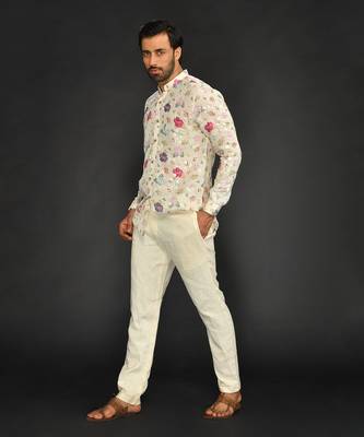 Linen Printed And Machine Embroidered Short Kurta With Slim Pant 5