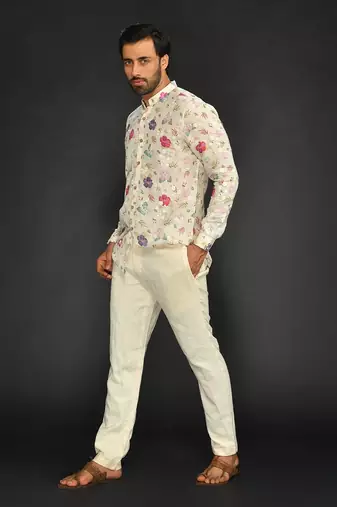 Linen Printed And Machine Embroidered Short Kurta With Slim Pant