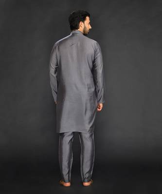 Silk Cotton Kurta With Slim Pant. Embroidery On Collar & Placket 2