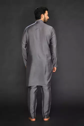 Silk Cotton Kurta With Slim Pant. Embroidery On Collar & Placket