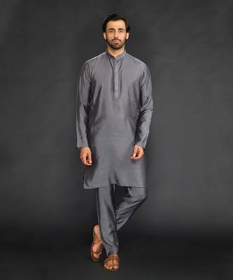 Silk Cotton Kurta With Slim Pant. Embroidery On Collar & Placket 1