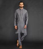 Silk Cotton Kurta With Slim Pant. Embroidery On Collar & Placket