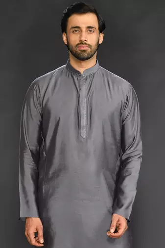 Silk Cotton Kurta With Slim Pant. Embroidery On Collar & Placket