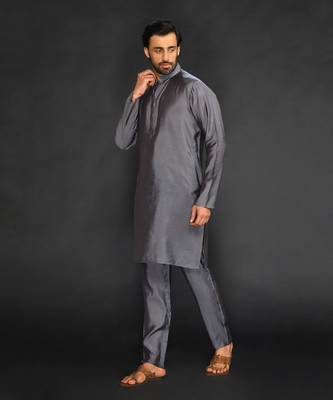Silk Cotton Kurta With Slim Pant. Embroidery On Collar & Placket 4