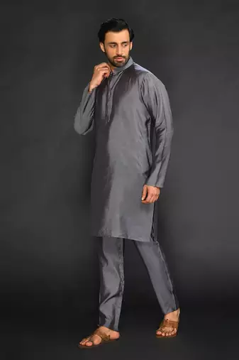 Silk Cotton Kurta With Slim Pant. Embroidery On Collar & Placket