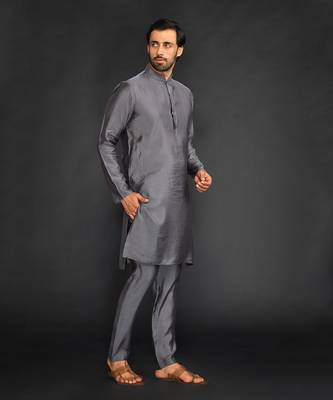 Silk Cotton Kurta With Slim Pant. Embroidery On Collar & Placket 5