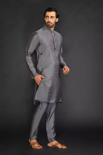 Silk Cotton Kurta With Slim Pant. Embroidery On Collar & Placket