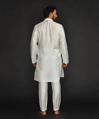 Silk Cotton Kurta With Slim Pant. Embroidery On Collar & Placket 2