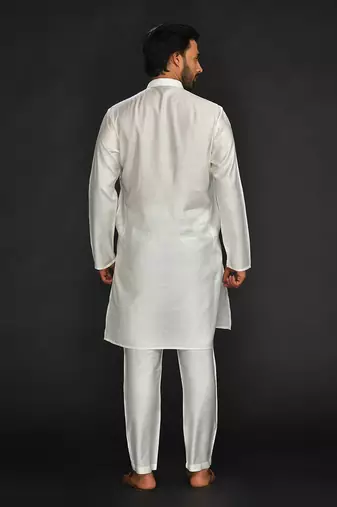 Silk Cotton Kurta With Slim Pant. Embroidery On Collar & Placket