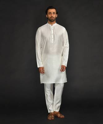 Silk Cotton Kurta With Slim Pant. Embroidery On Collar & Placket 1