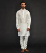 Silk Cotton Kurta With Slim Pant. Embroidery On Collar & Placket