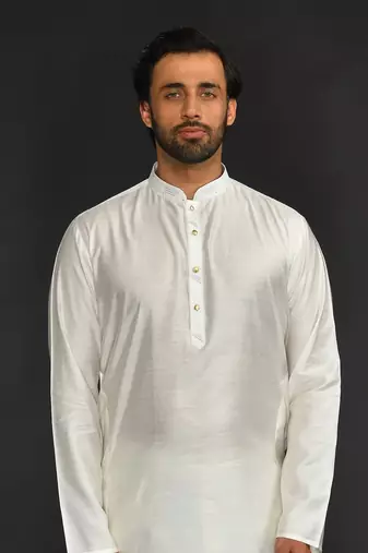 Silk Cotton Kurta With Slim Pant. Embroidery On Collar & Placket