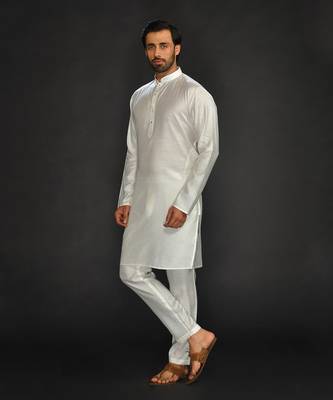 Silk Cotton Kurta With Slim Pant. Embroidery On Collar & Placket 4