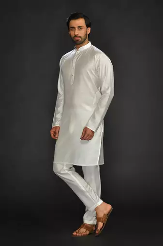 Silk Cotton Kurta With Slim Pant. Embroidery On Collar & Placket