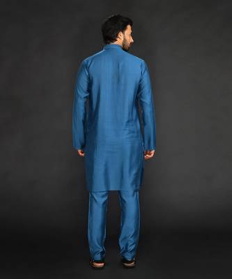 Silk Cotton Kurta With Slim Pant. Embroidery On Collar & Placket 2