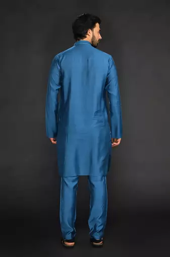 Silk Cotton Kurta With Slim Pant. Embroidery On Collar & Placket