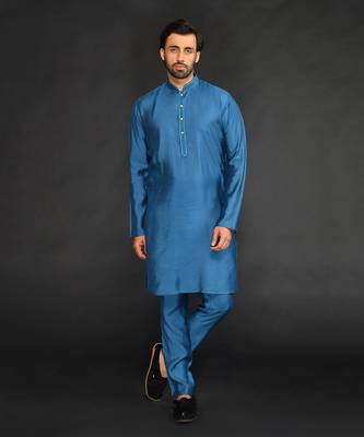 Silk Cotton Kurta With Slim Pant. Embroidery On Collar & Placket 1
