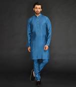 Silk Cotton Kurta With Slim Pant. Embroidery On Collar & Placket
