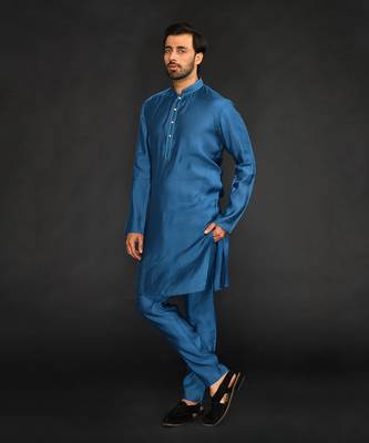 Silk Cotton Kurta With Slim Pant. Embroidery On Collar & Placket 3