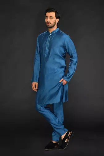 Silk Cotton Kurta With Slim Pant. Embroidery On Collar & Placket