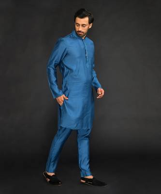 Silk Cotton Kurta With Slim Pant. Embroidery On Collar & Placket 4
