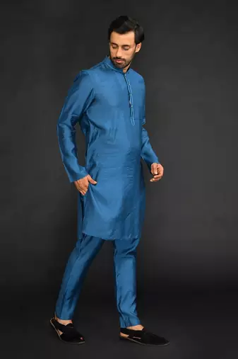 Silk Cotton Kurta With Slim Pant. Embroidery On Collar & Placket