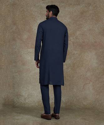 Blue Kurta With Machine Embroidery On Collar And Placket Paired With Pant 2