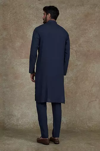Blue Kurta With Machine Embroidery On Collar And Placket Paired With Pant
