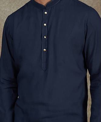 Blue Kurta With Machine Embroidery On Collar And Placket Paired With Pant 3