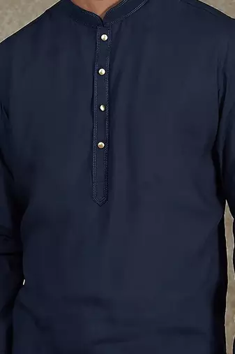 Blue Kurta With Machine Embroidery On Collar And Placket Paired With Pant