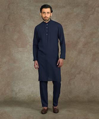 Blue Kurta With Machine Embroidery On Collar And Placket Paired With Pant 1
