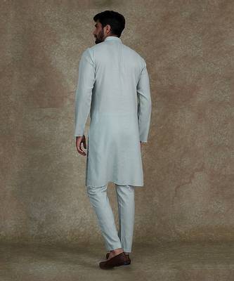 Lt. Blue Kurta With Machine Embroidery On Collar And Placket Paired With Pant 2