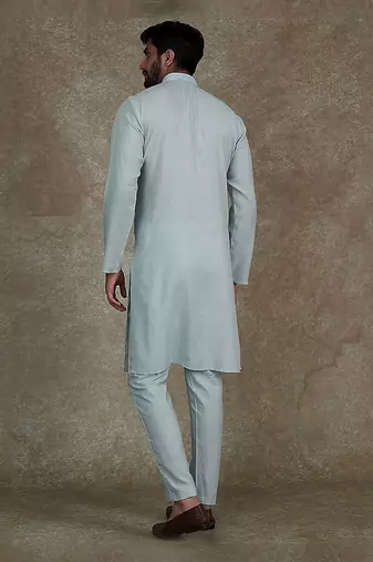 Lt. Blue Kurta With Machine Embroidery On Collar And Placket Paired With Pant