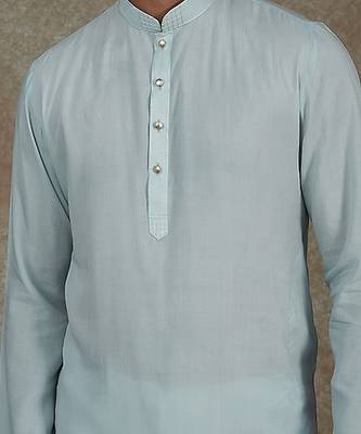 Lt. Blue Kurta With Machine Embroidery On Collar And Placket Paired With Pant 3
