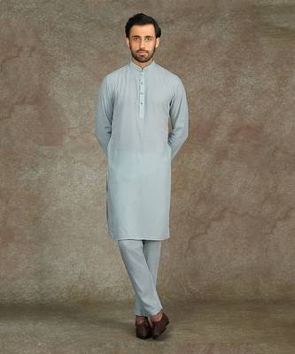 Lt. Blue Kurta With Machine Embroidery On Collar And Placket Paired With Pant 1