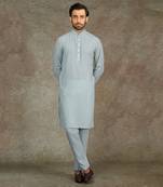 Lt. Blue Kurta With Machine Embroidery On Collar And Placket Paired With Pant