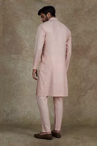 Baby Pink Kurta With Machine Embroidery On Collar And Placket Paired With Pant