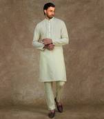 Sea Green Kurta With Machine Embroidery On Collar And Placket Paired With Pant