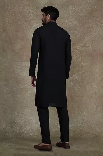 Black Kurta With Machine Embroidery On Collar And Placket Paired With Pant