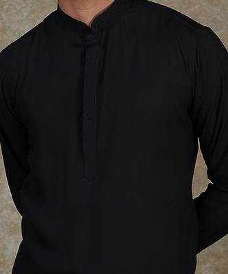 Black Kurta With Machine Embroidery On Collar And Placket Paired With Pant 3