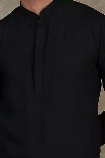 Black Kurta With Machine Embroidery On Collar And Placket Paired With Pant