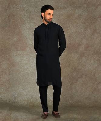 Black Kurta With Machine Embroidery On Collar And Placket Paired With Pant 1