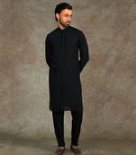 Black Kurta With Machine Embroidery On Collar And Placket Paired With Pant