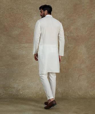 White Kurta With Machine Embroidery On Collar And Placket Paired With Pant 2