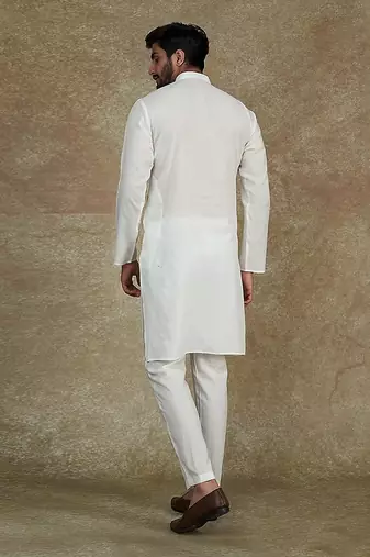 White Kurta With Machine Embroidery On Collar And Placket Paired With Pant