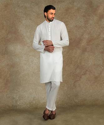 White Kurta With Machine Embroidery On Collar And Placket Paired With Pant 1