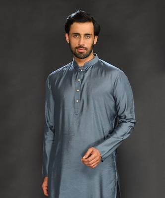 Silk Cotton Kurta With Slim Pant. Embroidery On Collar & Placket 2